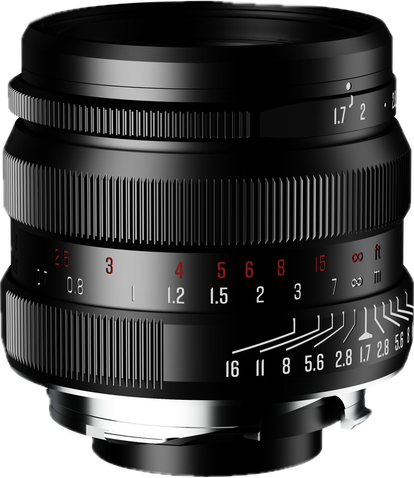 Three-quarter view of the APO M 35mm lens showing its red-engraved distance scale