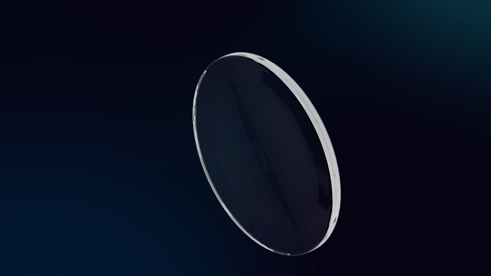 Rendered aspherical glass element floating against a dark blue background
